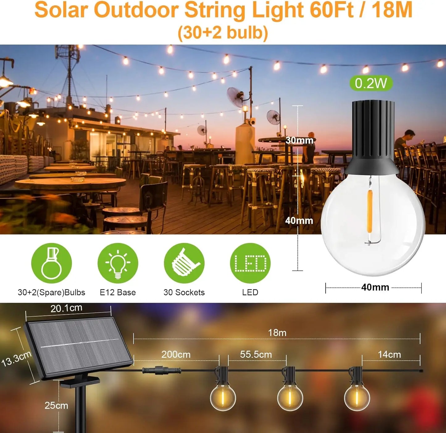 LJUNG - 17,7 m Solcellsdrivna Ljusslingor med 52 LED-lampor och Fjärrkontroll